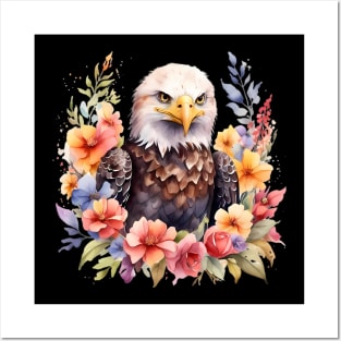 A bald eagle decorated with beautiful watercolor flowers Posters and Art